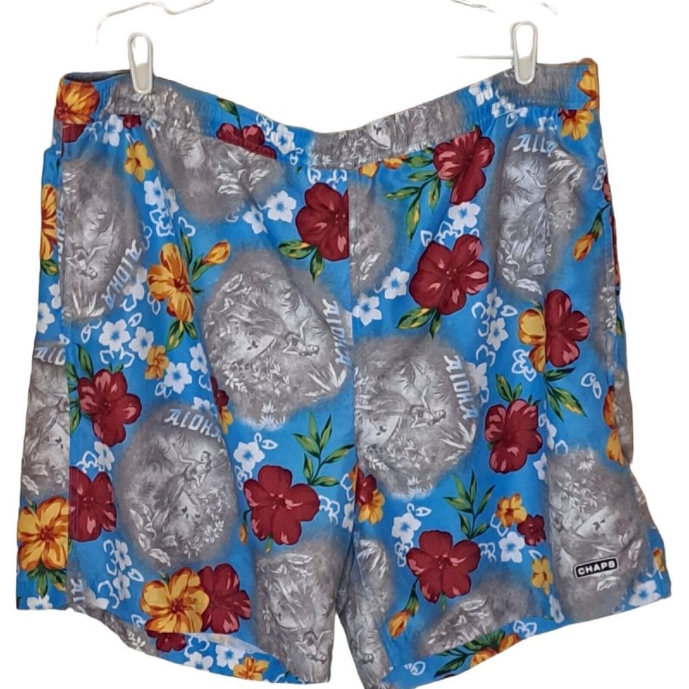 Chaps Ralph Lauren Swimming Trunks Mens XL Tropical Hawaiian Blue Floral Aloha